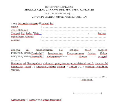 Contoh Surat Pendaftaran Calon Anggota PPK/PPS/KPPS/PANTARLIH